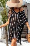 LC422249-P2, Black Striped Crochet Loose Fit V Neck Beach Cover Up