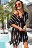 LC422249-P2, Black Striped Crochet Loose Fit V Neck Beach Cover Up