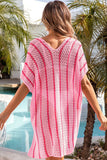 LC422249-P10, Pink Striped Crochet Loose Fit V Neck Beach Cover Up