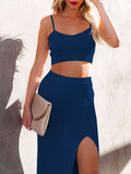 LC63830-305-XS, LC63830-305-S, LC63830-305-M, LC63830-305-L, LC63830-305-XL, Navy Women's Knit 2 Piece Dress Cami Crop Top High Side Slit Bodycon Long Skirt Set