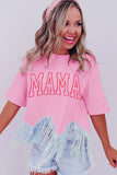 LC25225392-P10-S, LC25225392-P10-M, LC25225392-P10-L, LC25225392-P10-XL, Pink MAMA Embroidered Sequin Tassel Patchwork T Shirt