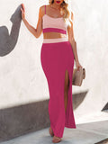 LC63830-6-XS, LC63830-6-S, LC63830-6-M, LC63830-6-L, LC63830-6-XL, Rose Red Women's Knit 2 Piece Dress Cami Crop Top High Side Slit Bodycon Long Skirt Set