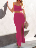 LC63830-106-XS, LC63830-106-S, LC63830-106-M, LC63830-106-L, LC63830-106-XL, Rose Pink Women's Knit 2 Piece Dress Cami Crop Top High Side Slit Bodycon Long Skirt Set