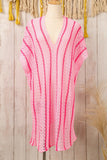 LC422249-P10, Pink Striped Crochet Loose Fit V Neck Beach Cover Up