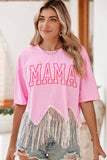 LC25225392-P10-S, LC25225392-P10-M, LC25225392-P10-L, LC25225392-P10-XL, Pink MAMA Embroidered Sequin Tassel Patchwork T Shirt