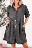 Women's Mineral Wash Ruffled Short Sleeve Buttoned Denim Dress
