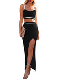 LC63830-202-XS, LC63830-202-S, LC63830-202-M, LC63830-202-L, LC63830-202-XL, Carbon Black Women's Knit 2 Piece Dress Cami Crop Top High Side Slit Bodycon Long Skirt Set