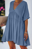 LC223667-5-S, LC223667-5-M, LC223667-5-L, LC223667-5-XL, Blue Womens Kimono Sleeve V-neck Babydoll Tiered Mini Dress