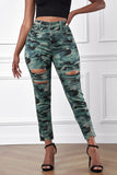 Camouflage Hollow out Ripped Skinny Jeans with Pockets for Women