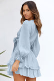 Sky Blue Womens Deep V Neck Lantern Sleeve Knotted Tiered Mini White Dress LC227391-4