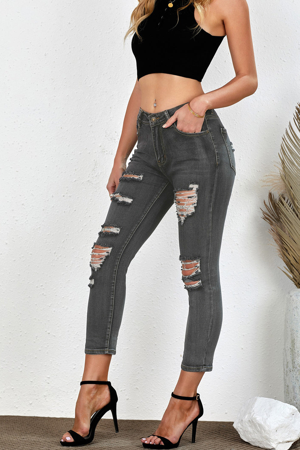 Black Women's Ripped Boyfriend Jeans Distressed Holes Crop Denim Pants LC78064-2