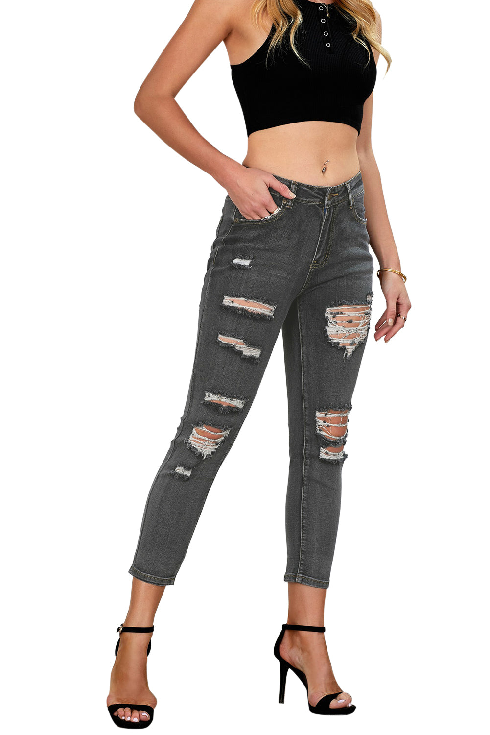 Black Women's Ripped Boyfriend Jeans Distressed Holes Crop Denim Pants LC78064-2