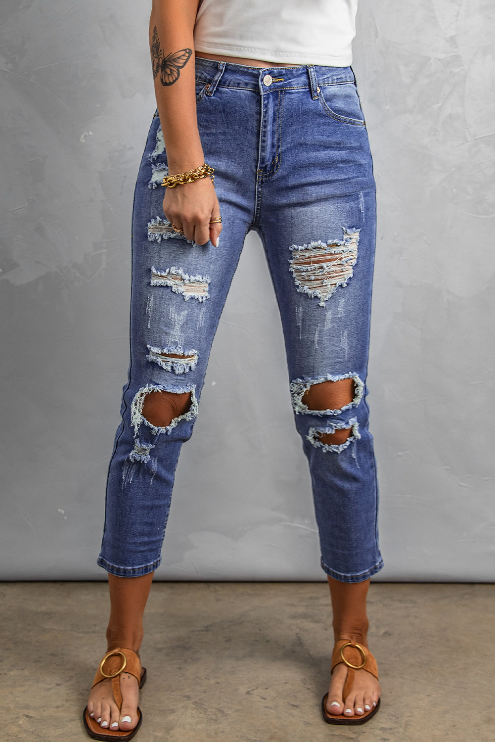 Blue Women's Ripped Boyfriend Jeans Distressed Holes Crop Denim Pants LC78064-5