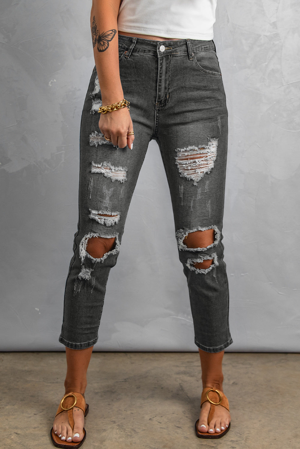 Black Women's Ripped Boyfriend Jeans Distressed Holes Crop Denim Pants LC78064-2