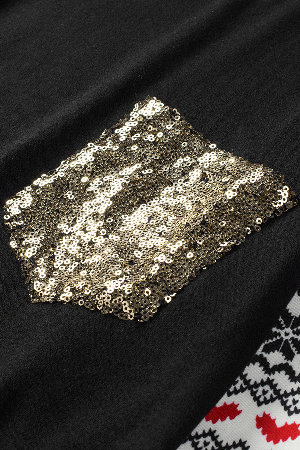 LC25110894-2-S, LC25110894-2-M, LC25110894-2-L, LC25110894-2-XL, LC25110894-2-2XL, Black Christmas T-Shirt Pullover Long Sleeve Sequin Pocket RaglanTop