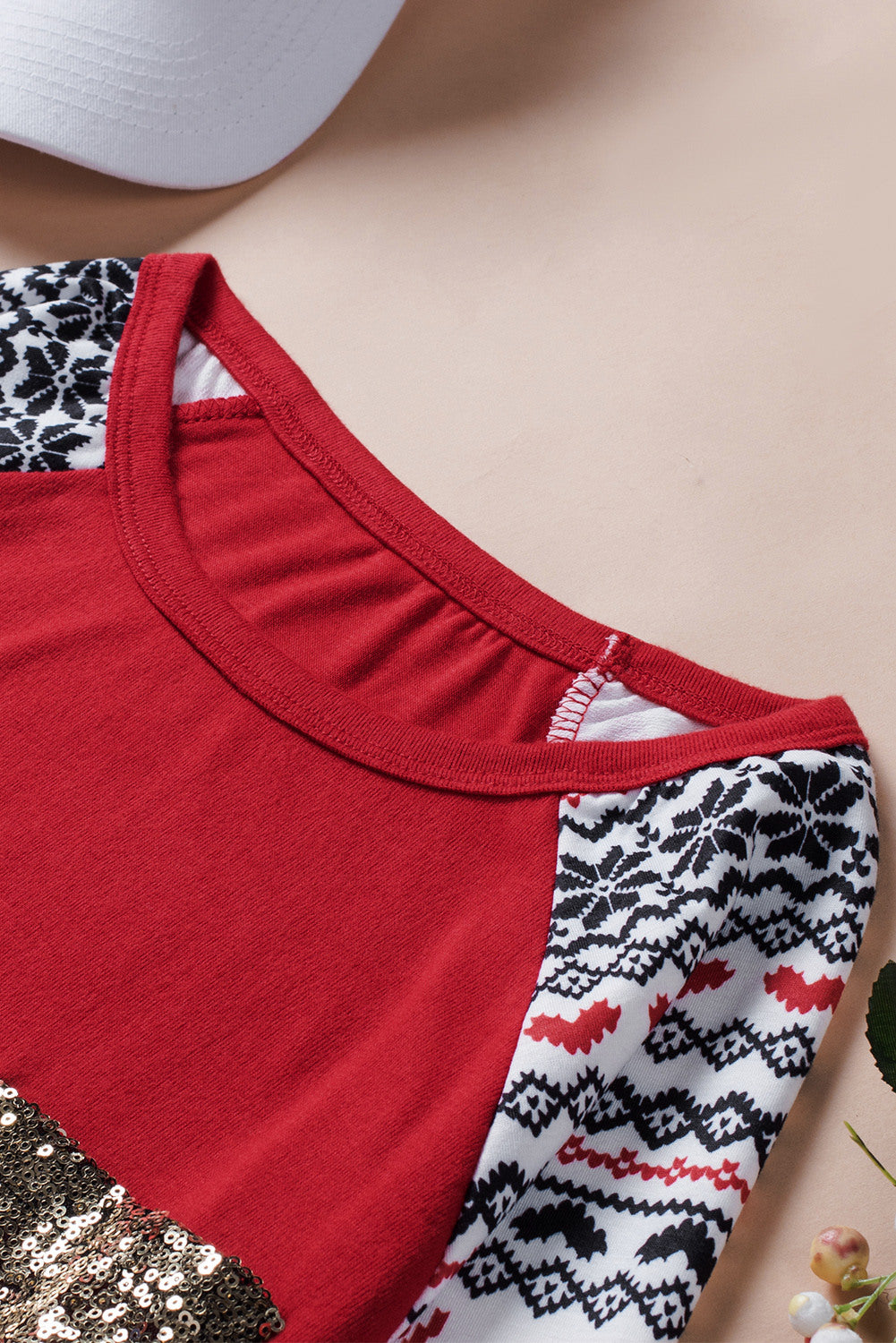 LC25110894-3-S, LC25110894-3-M, LC25110894-3-L, LC25110894-3-XL, LC25110894-3-2XL, Red Christmas T-Shirt Pullover Long Sleeve Sequin Pocket RaglanTop