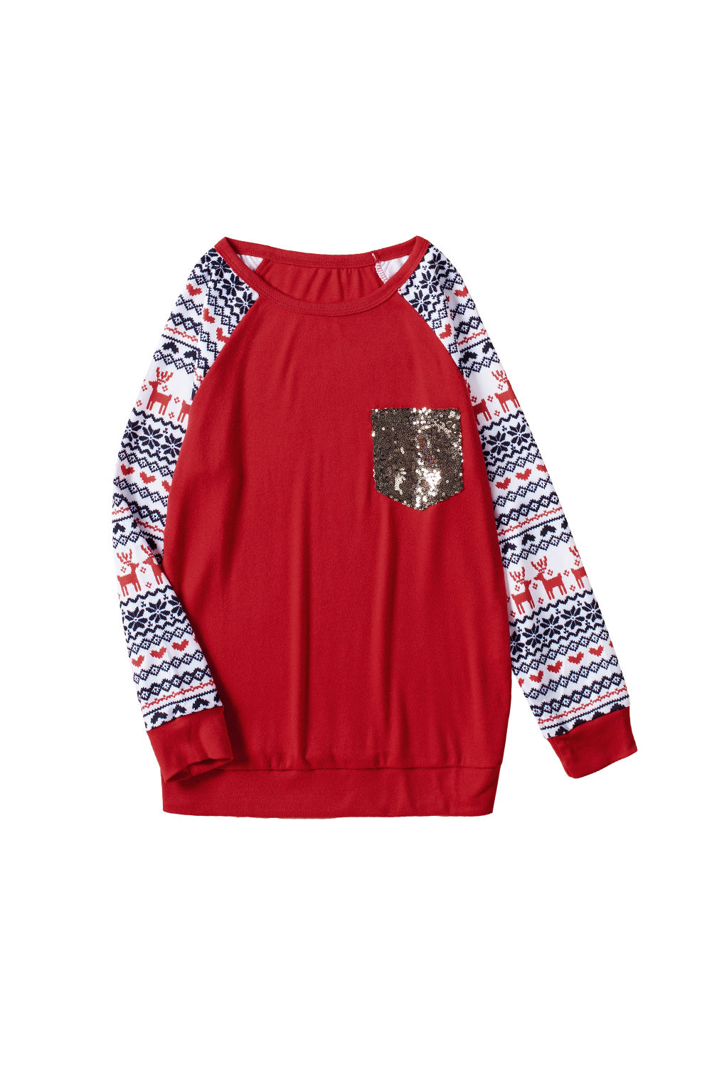 LC25110894-3-S, LC25110894-3-M, LC25110894-3-L, LC25110894-3-XL, LC25110894-3-2XL, Red Christmas T-Shirt Pullover Long Sleeve Sequin Pocket RaglanTop
