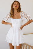 White White Puff Sleeve Dress Square Neck Lace Ruffle A Line Mini Dress  LC2211141-1