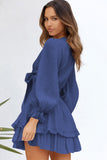 Blue Womens Deep V Neck Lantern Sleeve Knotted Tiered Mini White Dress LC227391-5