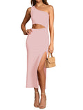 LC6110015-10-S, LC6110015-10-M, LC6110015-10-L, LC6110015-10-XL, LC6110015-10-XS, Pink Womens Sexy One Shoulder Cut Out Midi Dress Party Dress with Side Slit
