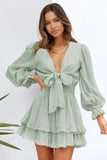 Green Womens Deep V Neck Lantern Sleeve Knotted Tiered Mini White Dress LC227391-9