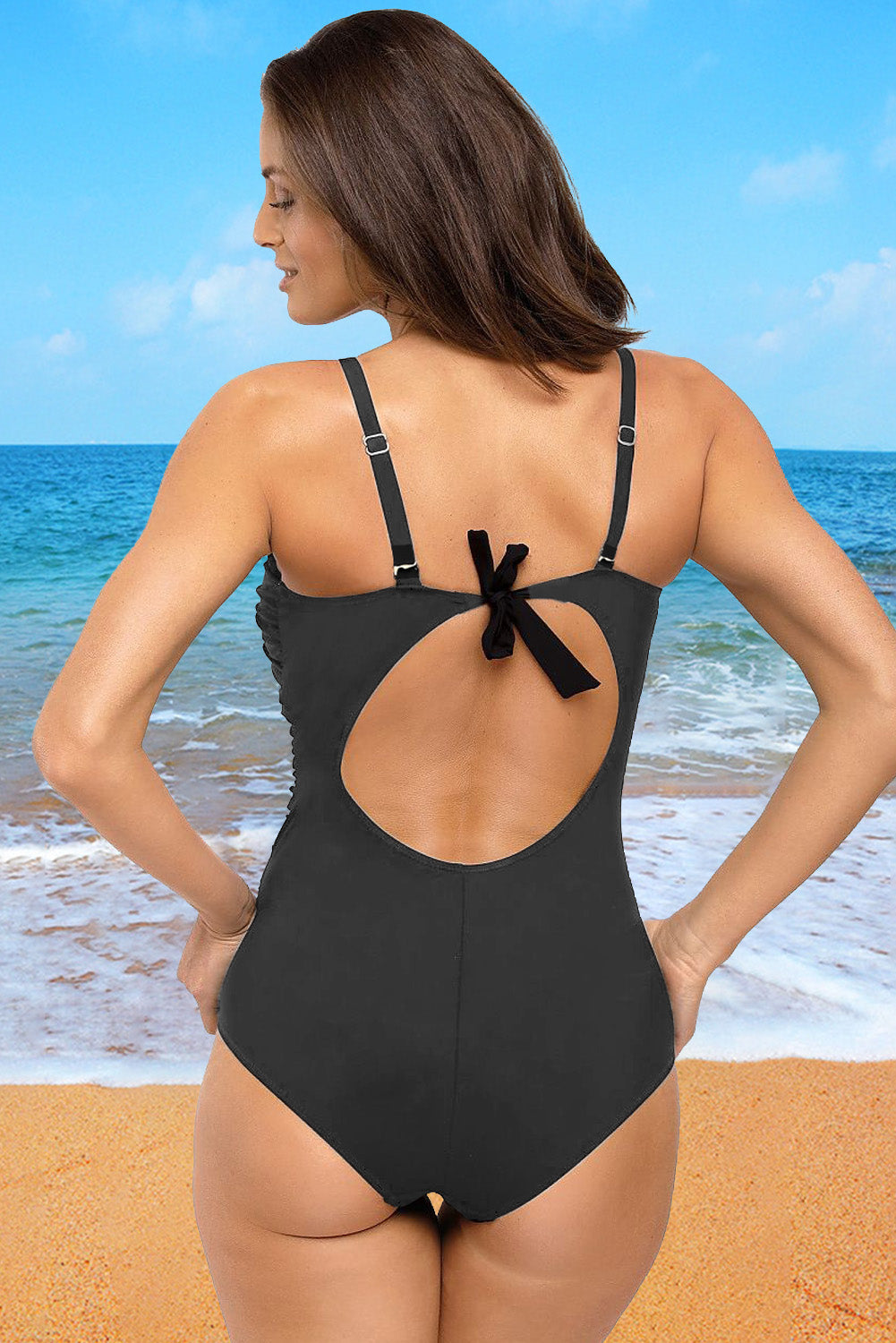 Black Asymmetric Shoulder Ruched Cut Out Back One Piece Bathing Suit LC412064-2
