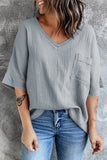 Women's Casual Short Sleeve T Shirts V Neck Chest Pocket Knit Blouse Top