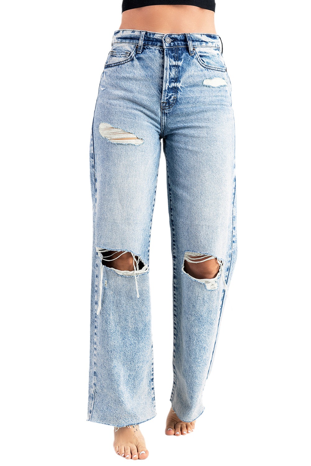 Sky Blue Women's Loose Hollow-out Denim Pants Distressed Wide Leg Jeans LC787114-4