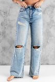 Sky Blue Women's Loose Hollow-out Denim Pants Distressed Wide Leg Jeans LC787114-4