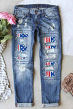 American Flag Graphic Jean Pockets Distressed Denim Pants for Women