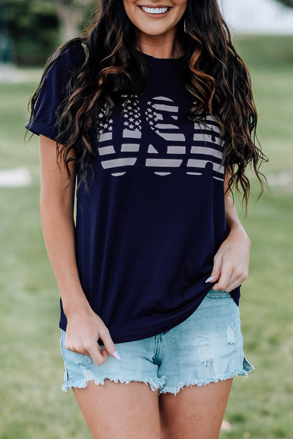 Blue USA Graphic Tee 4th of July Patriotic America T-Shirt for Women LC25216384-5