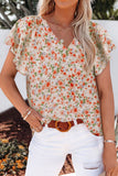 LC25114556-14-S, LC25114556-14-M, LC25114556-14-L, LC25114556-14-XL, LC25114556-14-2XL, Orange Women's Casual Short Sleeve Ruffle Petals Shirts Summer Casual Floral Blouse Top