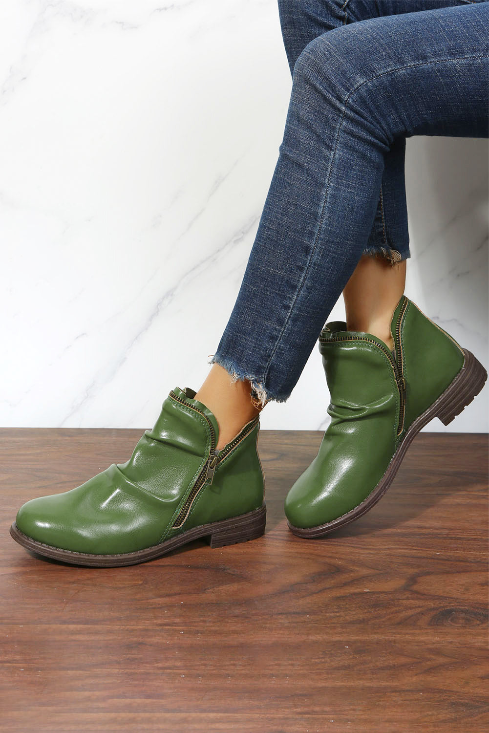 BH02143-9-37, BH02143-9-38, BH02143-9-39, BH02143-9-40, BH02143-9-41, BH02143-9-42, Green  Women Boots PU Leather Ankle Boots Waterproof Short Boots