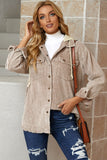 LC8512025-16-S, LC8512025-16-M, LC8512025-16-L, LC8512025-16-XL, LC8512025-16-2XL, Khaki Corduroy Shacket Jacket Button Down Hooded Coat with Pockets