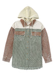 LC8512025-9-S, LC8512025-9-M, LC8512025-9-L, LC8512025-9-XL, LC8512025-9-2XL, Green Corduroy Shacket Jacket Button Down Hooded Coat with Pockets