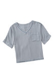 LC25112185-11-S, LC25112185-11-M, LC25112185-11-L, LC25112185-11-XL, LC25112185-11-2XL, Gray Women's Casual Short Sleeve T Shirts V Neck Chest Pocket Knit Blouse Top