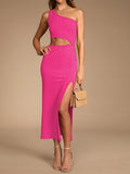 LC6110015-6-L, LC6110015-6-M, LC6110015-6-S, LC6110015-6-XL, LC6110015-6-XS, Rose Red Womens Sexy One Shoulder Cut Out Midi Dress Party Dress with Side Slit