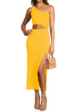 LC6110015-7-S, LC6110015-7-M, LC6110015-7-L, LC6110015-7-XL, Yellow Womens Sexy One Shoulder Cut Out Midi Dress Party Dress with Side Slit