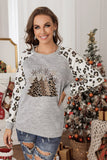LC25313497-11-S, LC25313497-11-M, LC25313497-11-L, LC25313497-11-XL, LC25313497-11-2XL, Gray Womens Xmas Holiday Christmas Trees Leopard Raglan Sleeve Sweatshirt