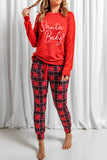 LC15352-3-S, LC15352-3-M, LC15352-3-L, LC15352-3-XL, LC15352-3-2XL, Red Pajama Set Womens Santa Baby Plaid Print Pj Lounge Sets