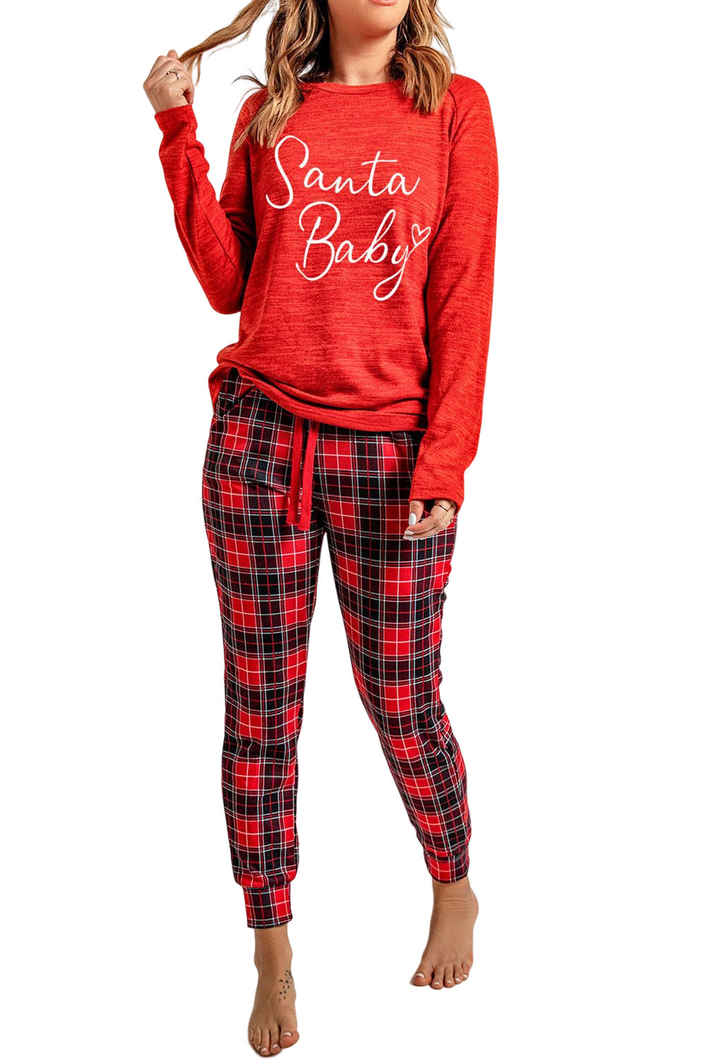 LC15352-3-S, LC15352-3-M, LC15352-3-L, LC15352-3-XL, LC15352-3-2XL, Red Pajama Set Womens Santa Baby Plaid Print Pj Lounge Sets