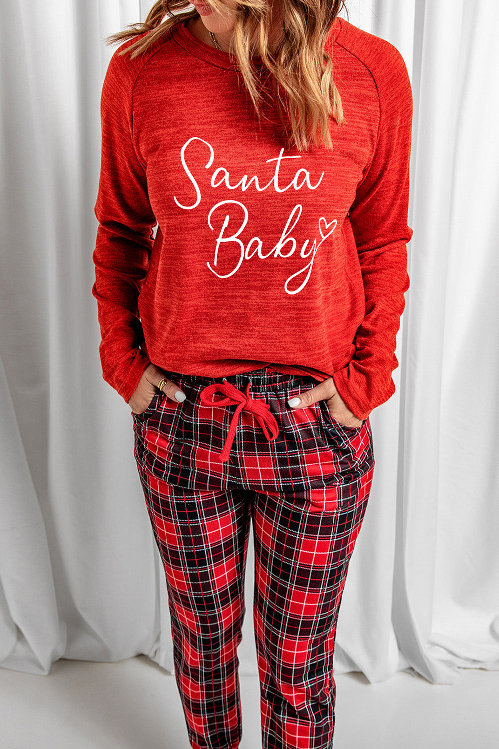 LC15352-3-S, LC15352-3-M, LC15352-3-L, LC15352-3-XL, LC15352-3-2XL, Red Pajama Set Womens Santa Baby Plaid Print Pj Lounge Sets