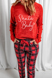 LC15352-3-S, LC15352-3-M, LC15352-3-L, LC15352-3-XL, LC15352-3-2XL, Red Pajama Set Womens Santa Baby Plaid Print Pj Lounge Sets
