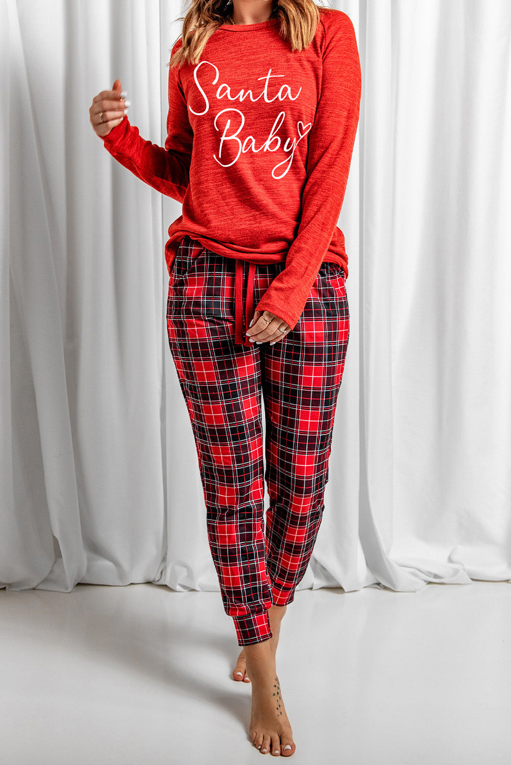 LC15352-3-S, LC15352-3-M, LC15352-3-L, LC15352-3-XL, LC15352-3-2XL, Red Pajama Set Womens Santa Baby Plaid Print Pj Lounge Sets