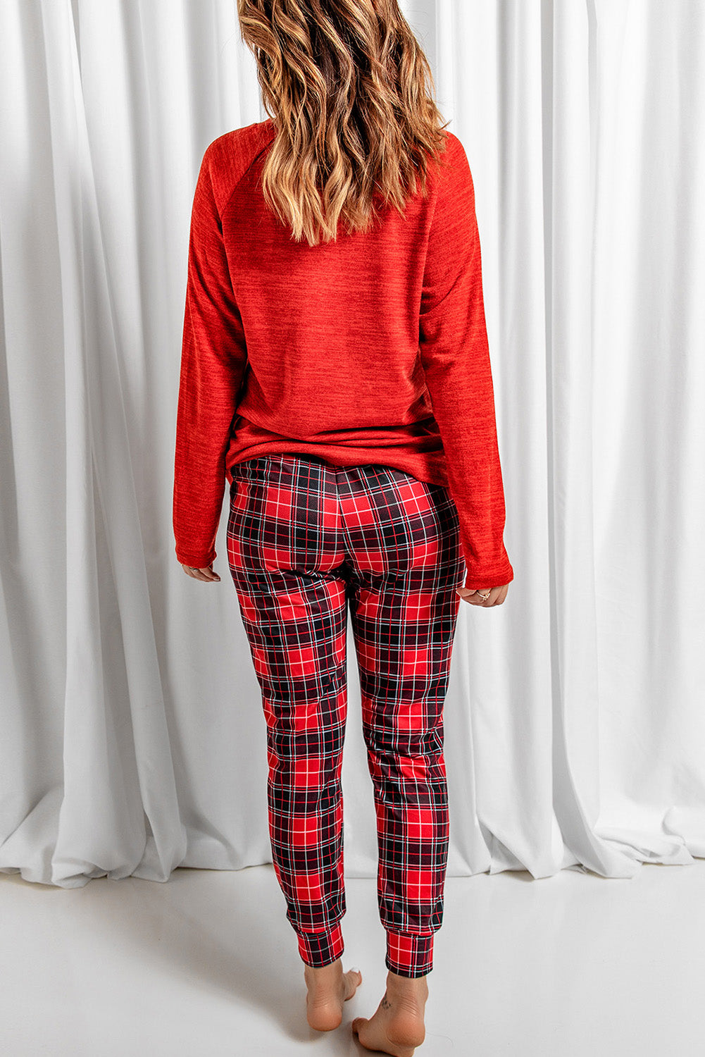 LC15352-3-S, LC15352-3-M, LC15352-3-L, LC15352-3-XL, LC15352-3-2XL, Red Pajama Set Womens Santa Baby Plaid Print Pj Lounge Sets