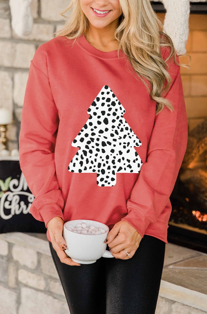 LC25313501-3-S, LC25313501-3-M, LC25313501-3-L, LC25313501-3-XL, LC25313501-3-2XL, Red Leopard Christmas Tree Pullover Sweatshirt Long Sleeve Holiday Shirts Tops