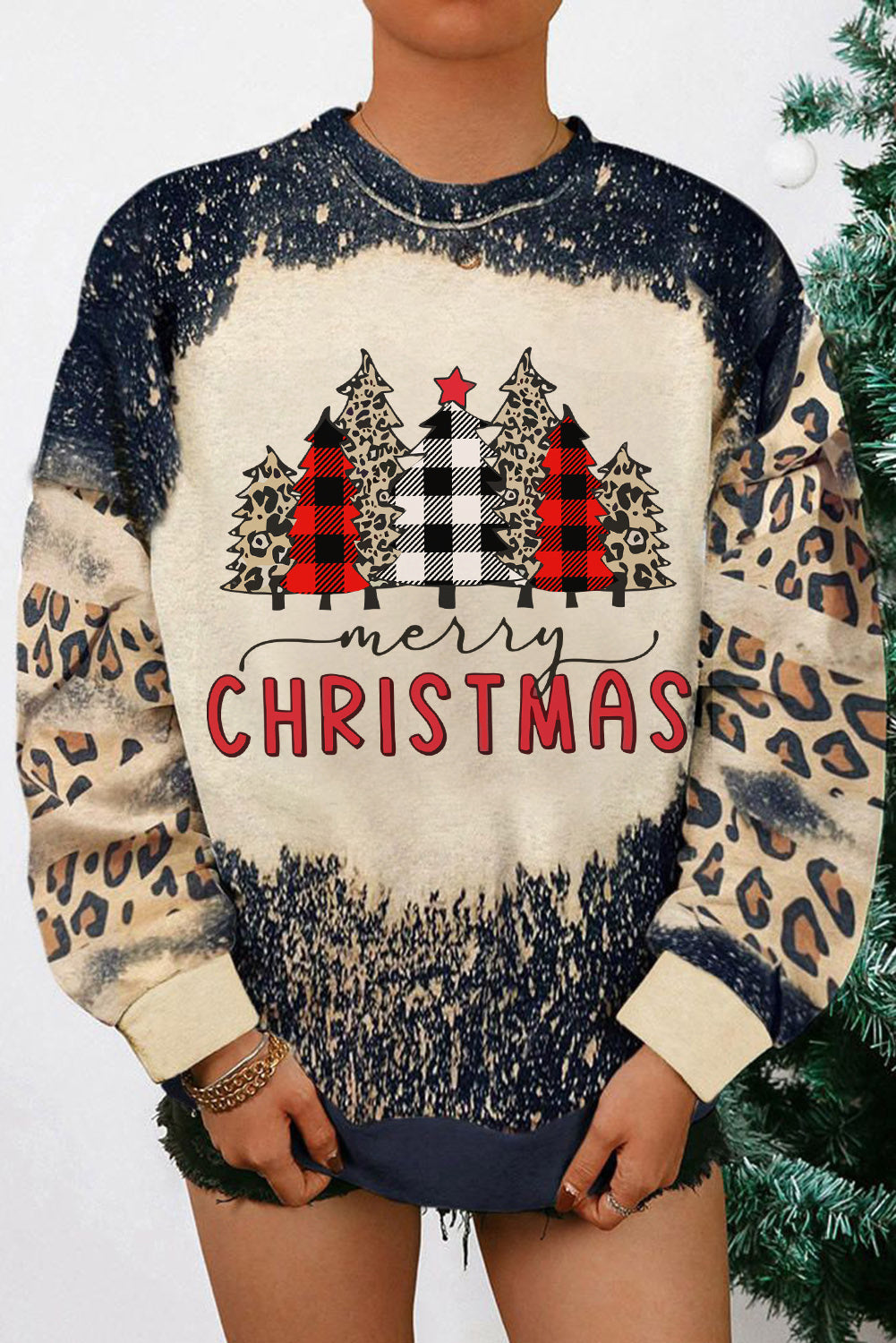 LC25313520-2-S, LC25313520-2-M, LC25313520-2-L, LC25313520-2-XL, LC25313520-2-2XL, Black Merry Christmas Sweatshirt for Women Leopard Pullover Sweatshirt