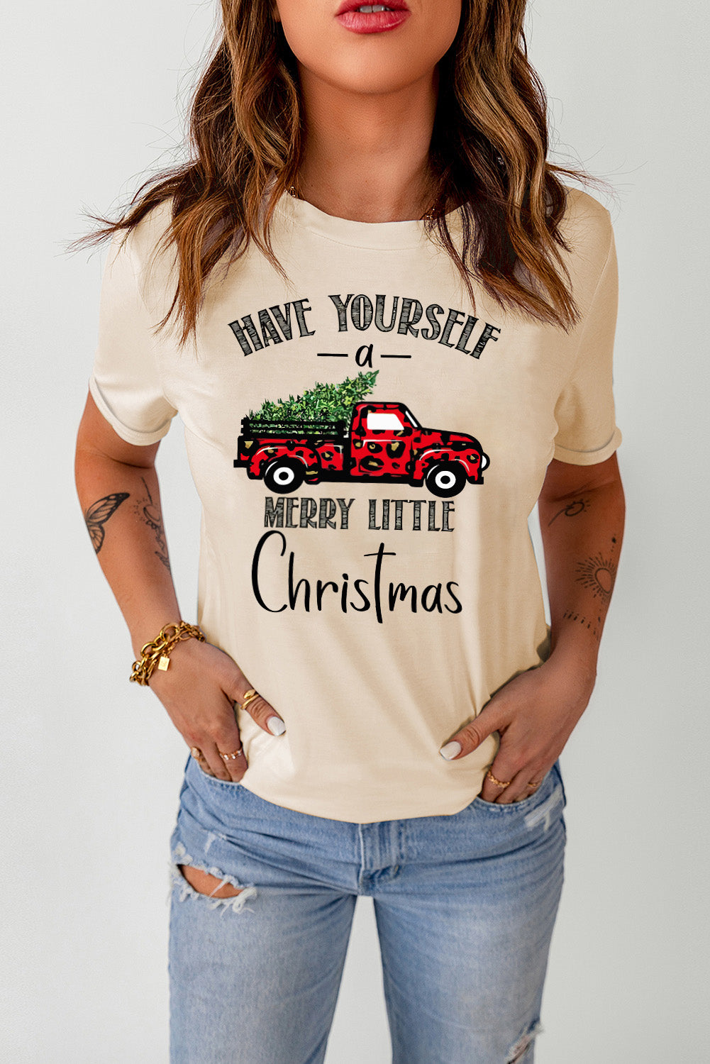 LC25219009-16-S, LC25219009-16-M, LC25219009-16-L, LC25219009-16-XL, LC25219009-16-2XL, Khaki Christmas Plaid Truck Tree Graphic Top Leopard T Shirt