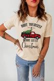 LC25219009-16-S, LC25219009-16-M, LC25219009-16-L, LC25219009-16-XL, LC25219009-16-2XL, Khaki Christmas Plaid Truck Tree Graphic Top Leopard T Shirt