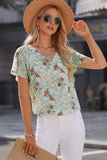 LC25114556-9-S, LC25114556-9-M, LC25114556-9-L, LC25114556-9-XL, LC25114556-9-2XL, Green Women's Casual Short Sleeve Ruffle Petals Shirts Summer Casual Floral Blouse Top